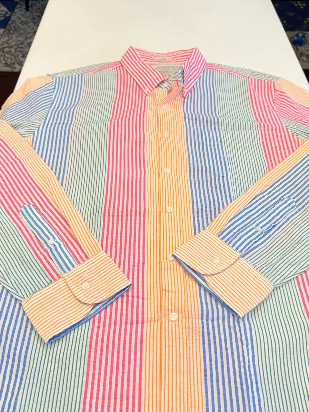 J Crew Slim Organic Cotton Seersucker Shirt in Awning Stripes Sz  XL NWOT